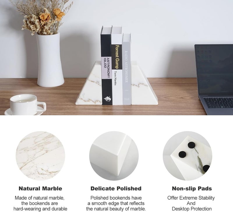 karibiber Marble Book Ends White, Heavy Duty Book Ends for Shelves, Decorative Natural Book Stopper，Unique Decorative Bookend for Home Shelves Calacatta Natural Marble Bookend, Set of 2 - Image 2